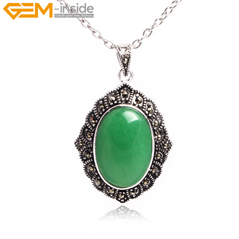 Silver Marcasite Tibetan Oval Turquoise Cat Eye Beads Jewelry Pendant Necklace