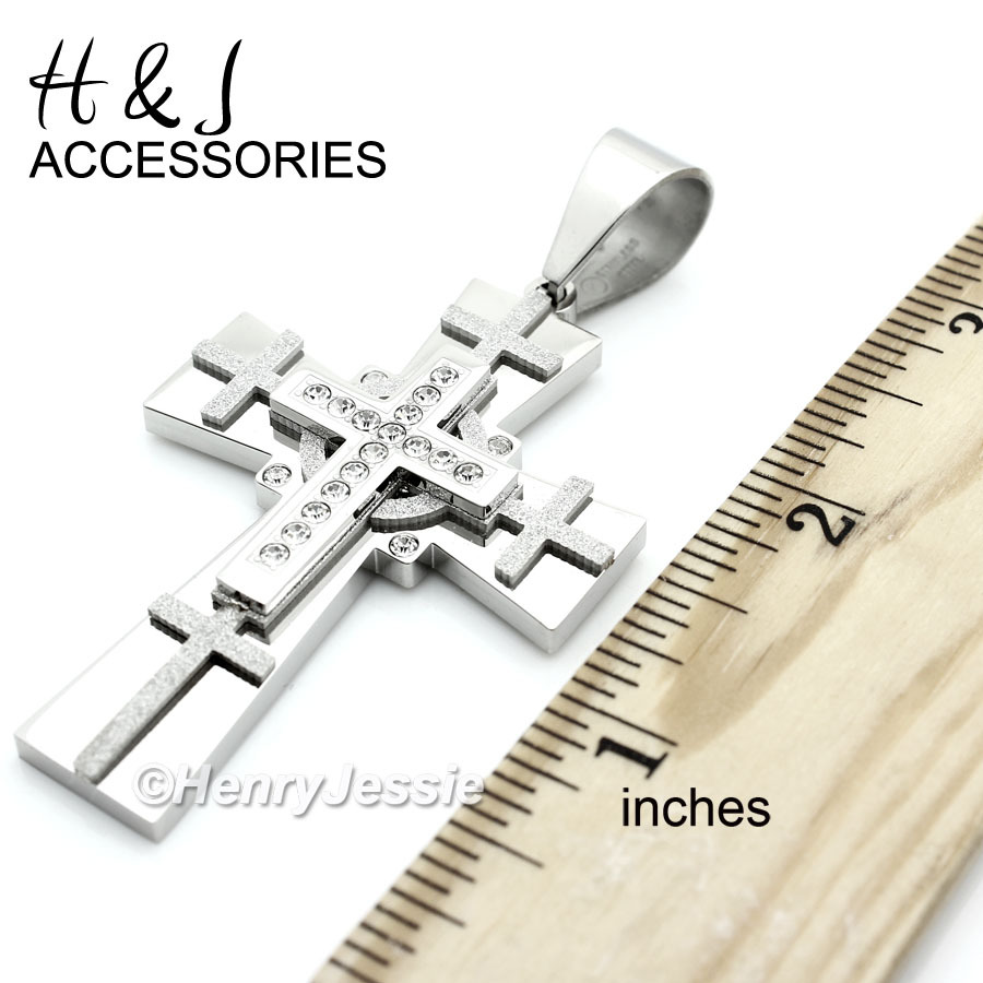 24″MEN Stainless Steel 9mm Silver Cuban Curb Chain Necklace CZ Cross Pendant*P7