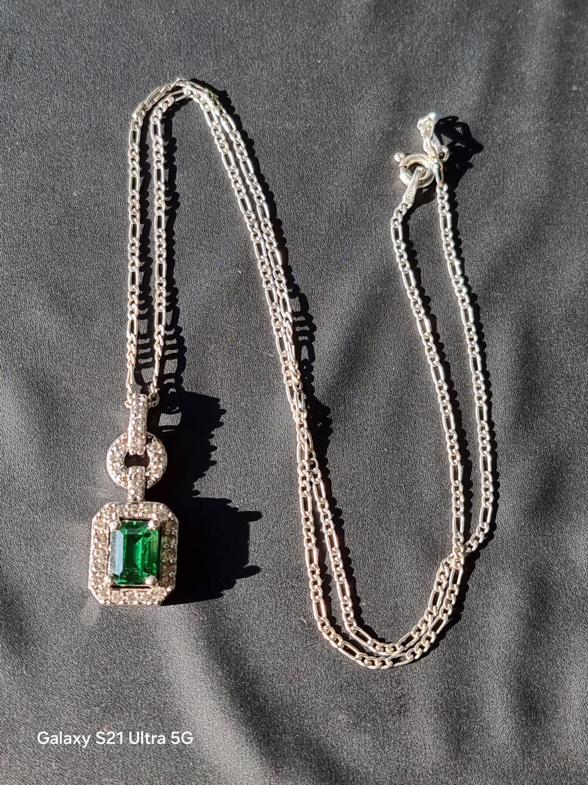 925 Sterling Silver Emerald-Cut Green CZ Halo Pendant on Figaro Chain(Genuine Si