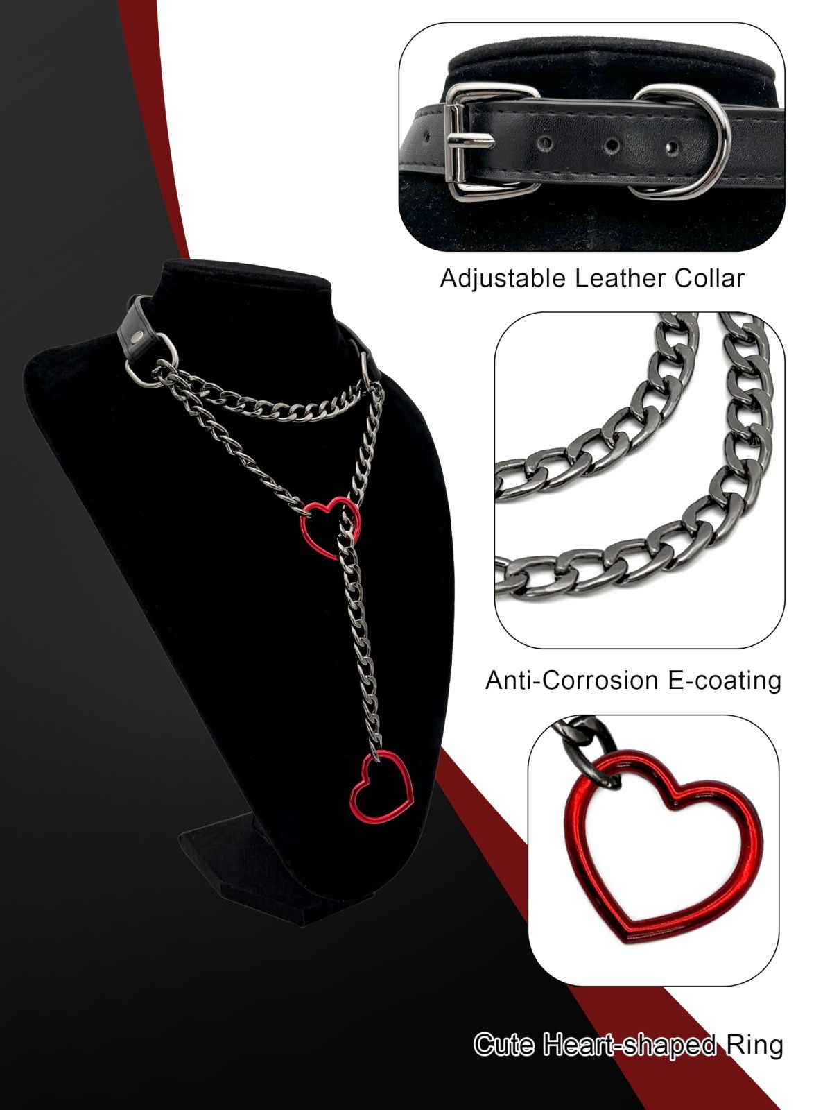 Handmade Black Leather Choker Collar for Women, Adjustable Heart Slip Chain Neck