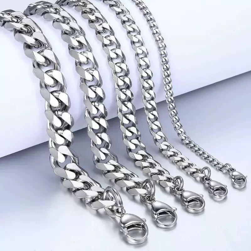 18-28 Cuban Chain Necklace Stainless Steel Silver 6.6/7/8.2/9/11 inch Mens Women
