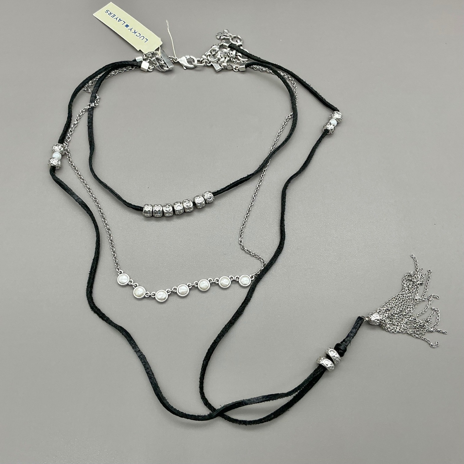 Lucky Brand Necklace Womens Silver Tone Layered Faux Leather Tassel 30 Inch