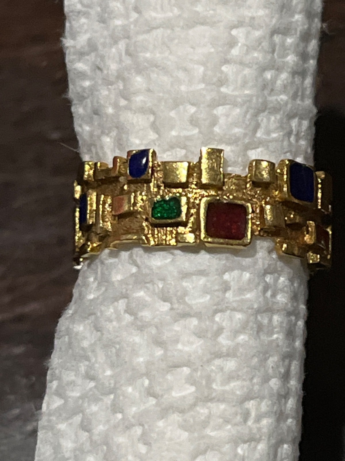 1970s modernist 14k gold geometric multi gemstone mosaic band estate piece