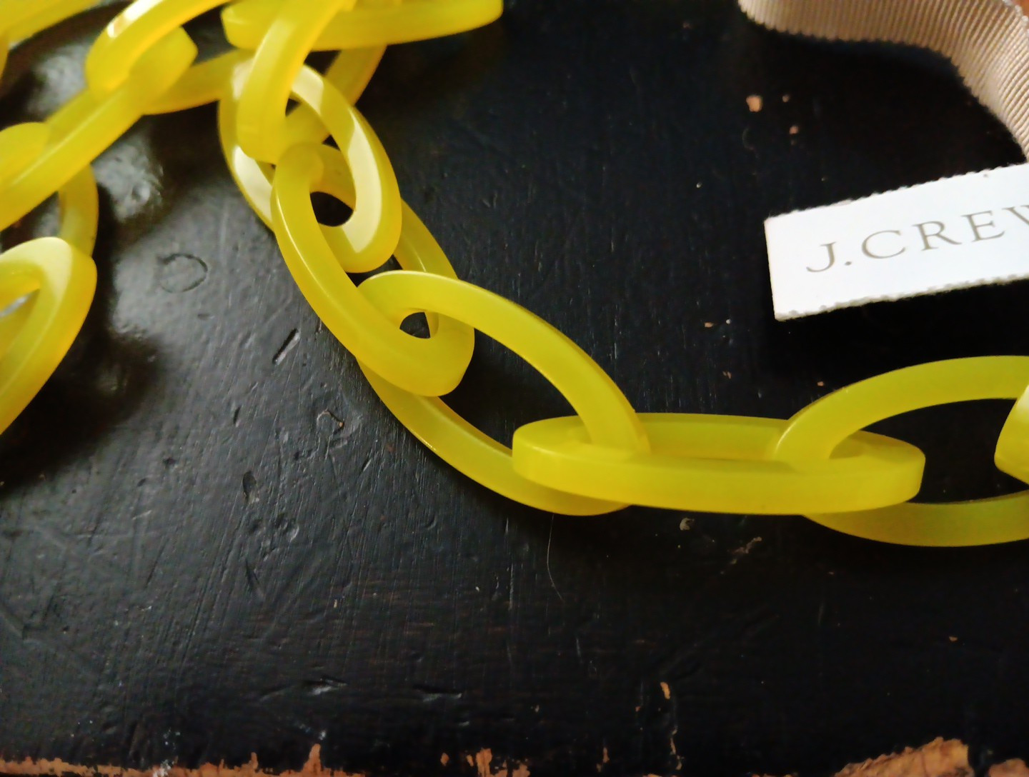 J. Crew Yellow Plastic Link Necklace with Gray Ribbon Tie Closure