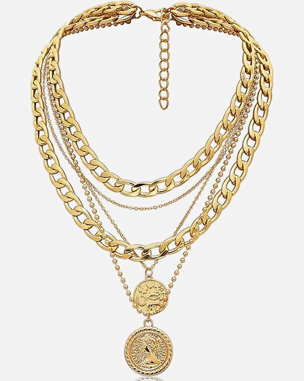 Gold Tone Layered Curb Chain Necklace Round Coin Pendant Adjustable Lobster