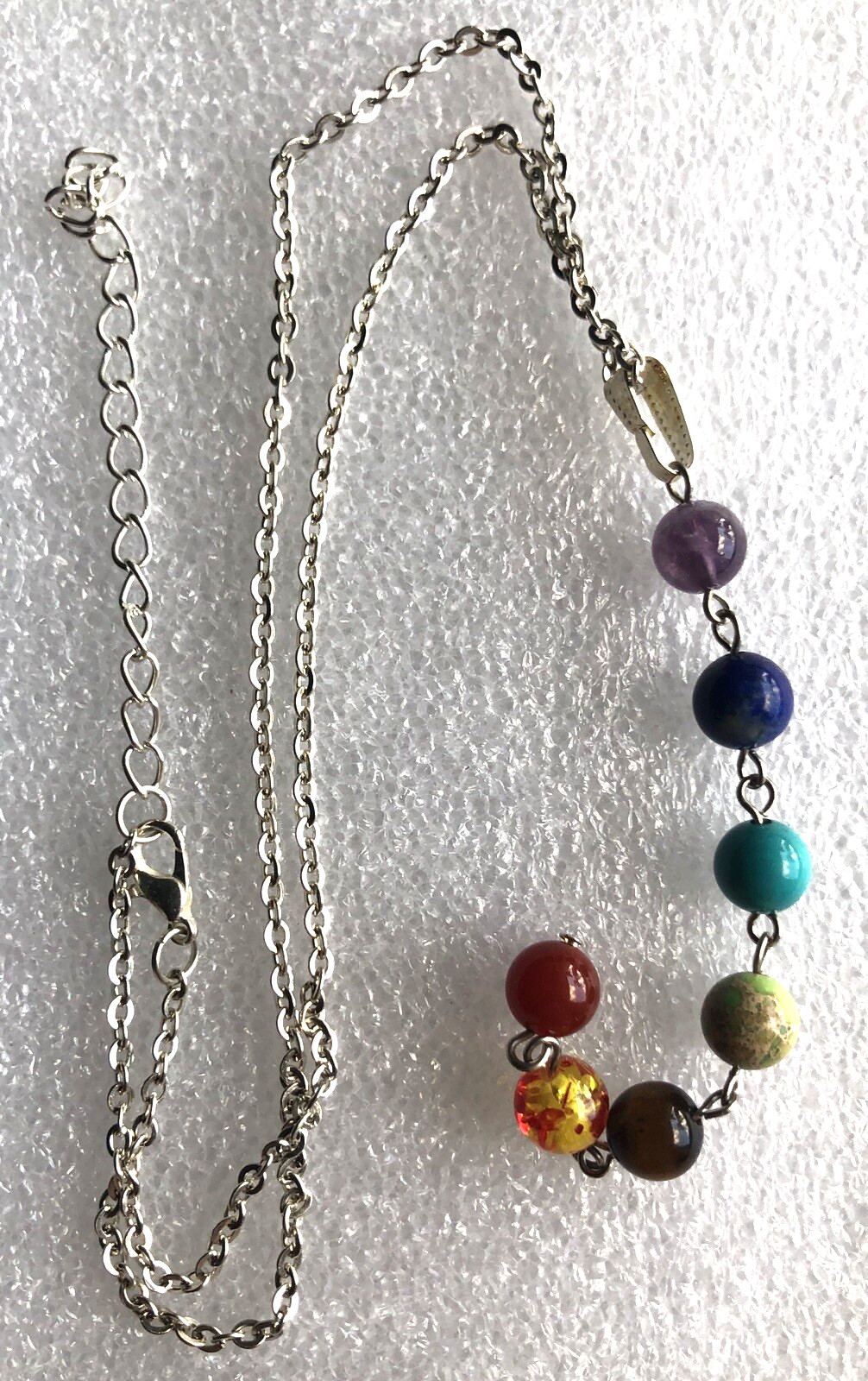 Natural Chakra Bead 7 Gem Stone Drop Necklace Adjustable 17-20” Silvertone.