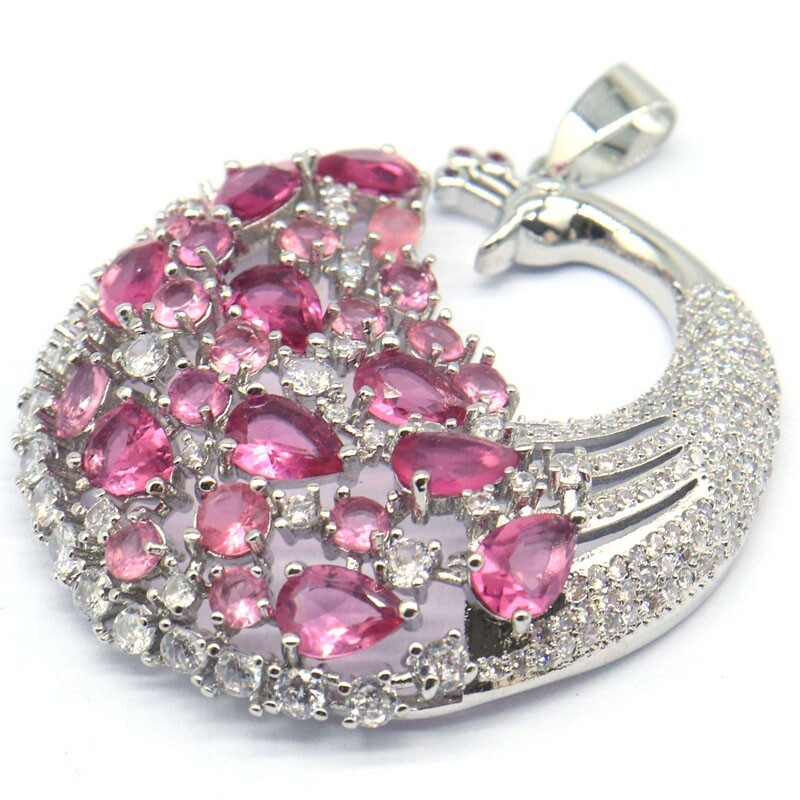 Multi Color Peacock Big Tourmaline Citrine Blue Topaz Kunzite CZ Silver Pendant