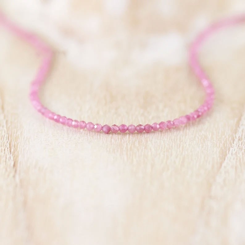 Pink Tourmaline 2mm Crystal Gemstone Beads Minimalist Dainty Choker Necklace