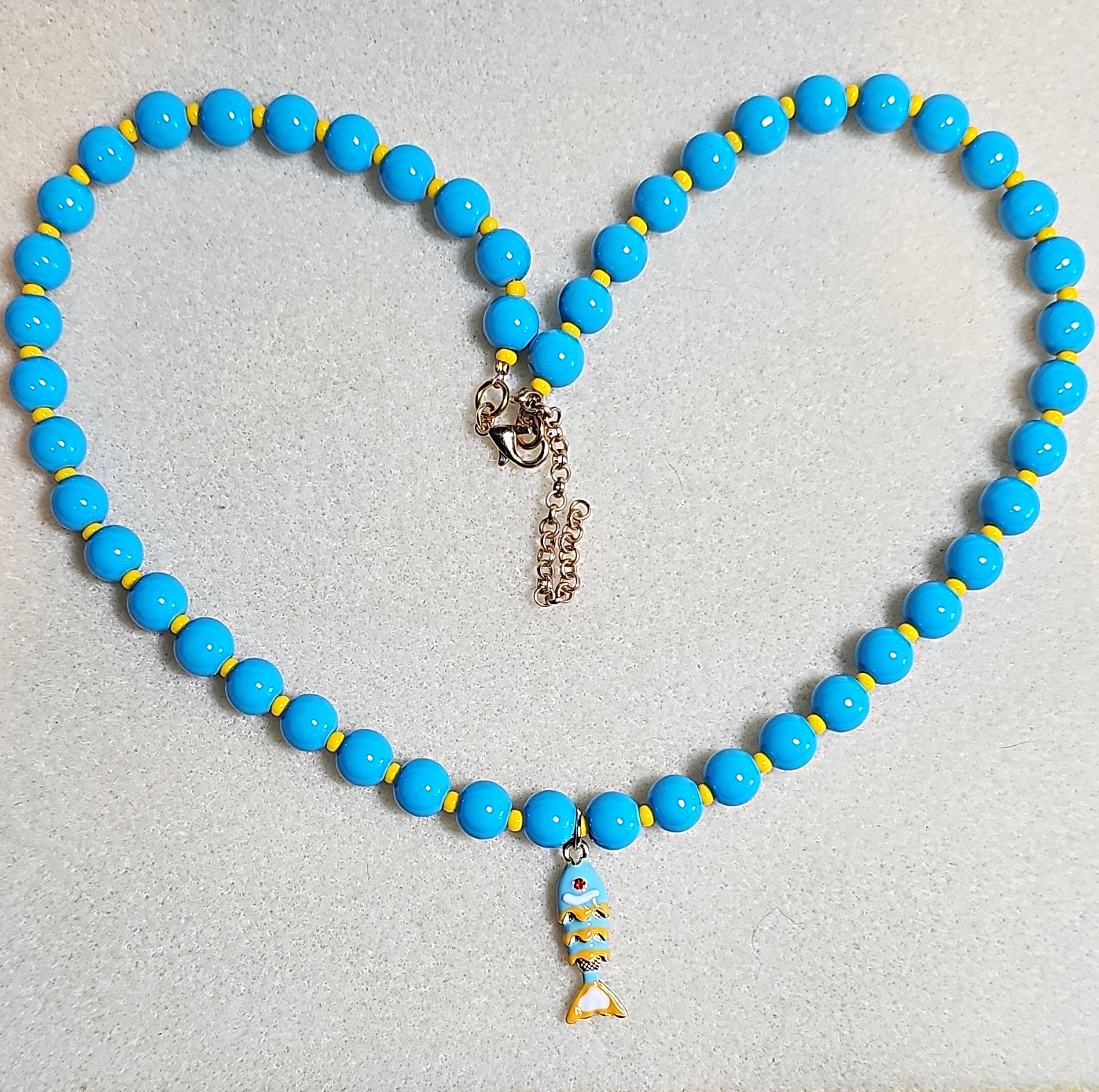 Handmade Blue & Yellow Glass Beaded Necklace w Enamel Fish Charm & Lobster Clasp
