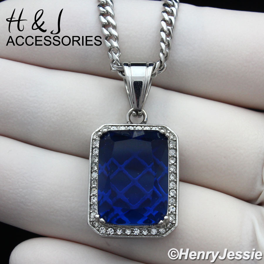 18-36″MEN Stainless Steel 3mm Silver Miami Curb Chain Blue Rhinestone Pendant*98