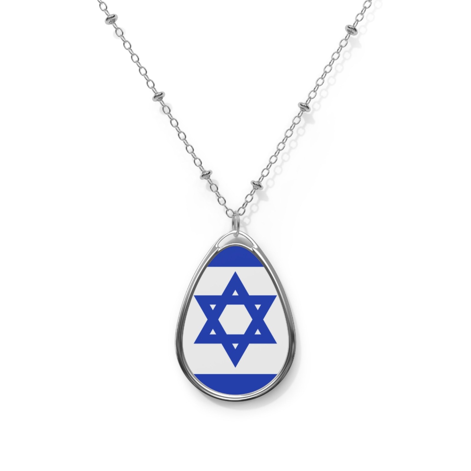 Israel Flag Oval Necklace – Israeli Heritage Pendant – One Size / Silver