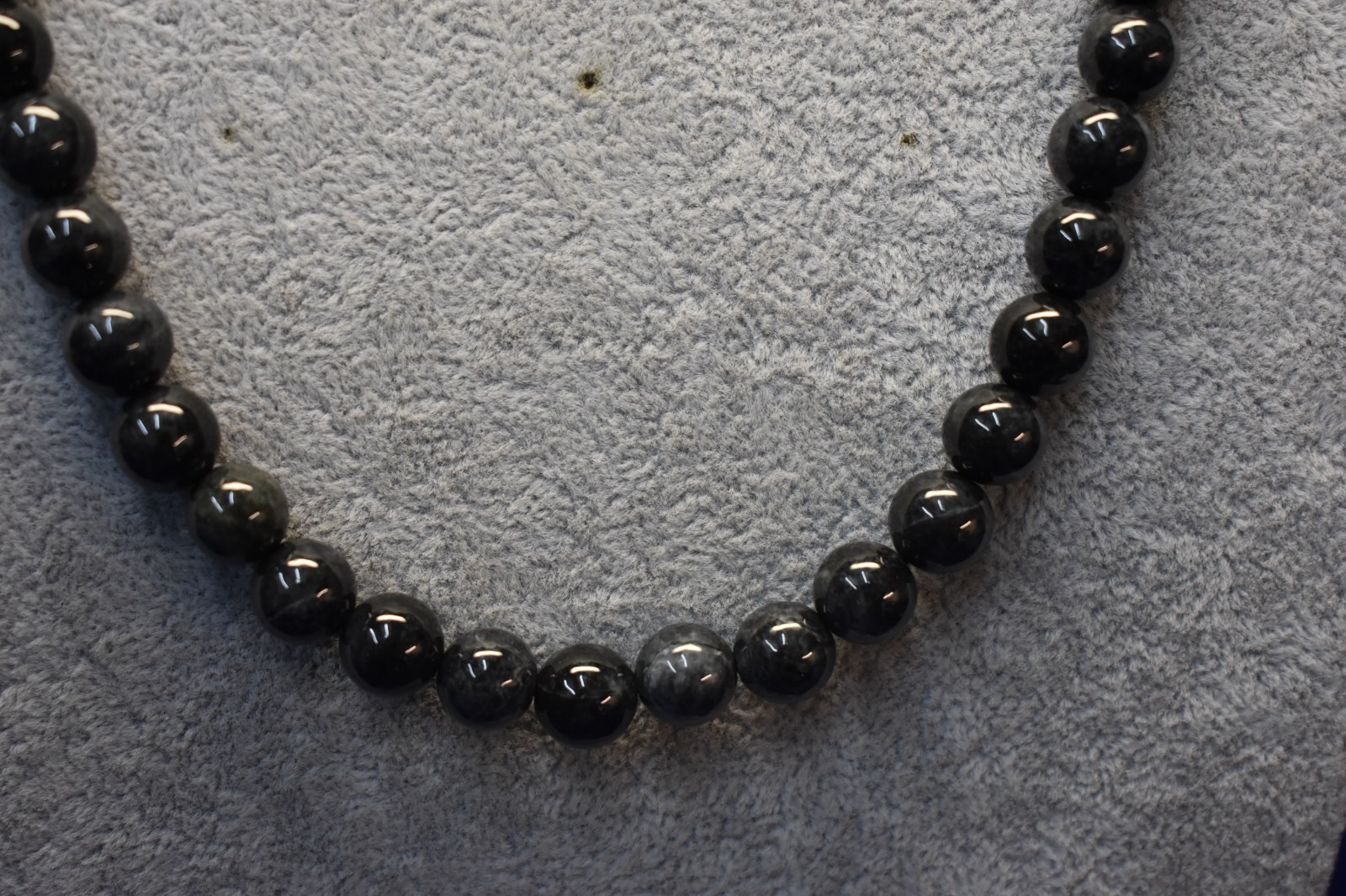 10mm Certified Grade A Black Jade Bead Necklace Beautiful Marbled W/Grey Color