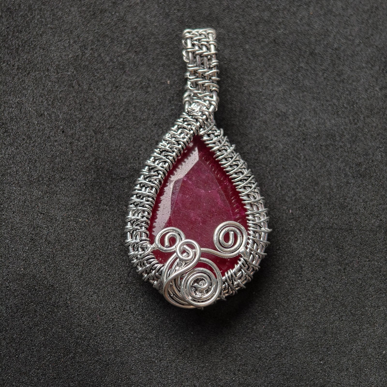 Handmade German Silver Kashmir Ruby Wire Wrapped Pendant Oxidized Silver Necklac