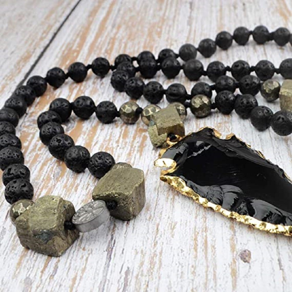 Natural Obsidian Arrowhead Pendant Necklace Lava Rock Beaded for Mind Protection
