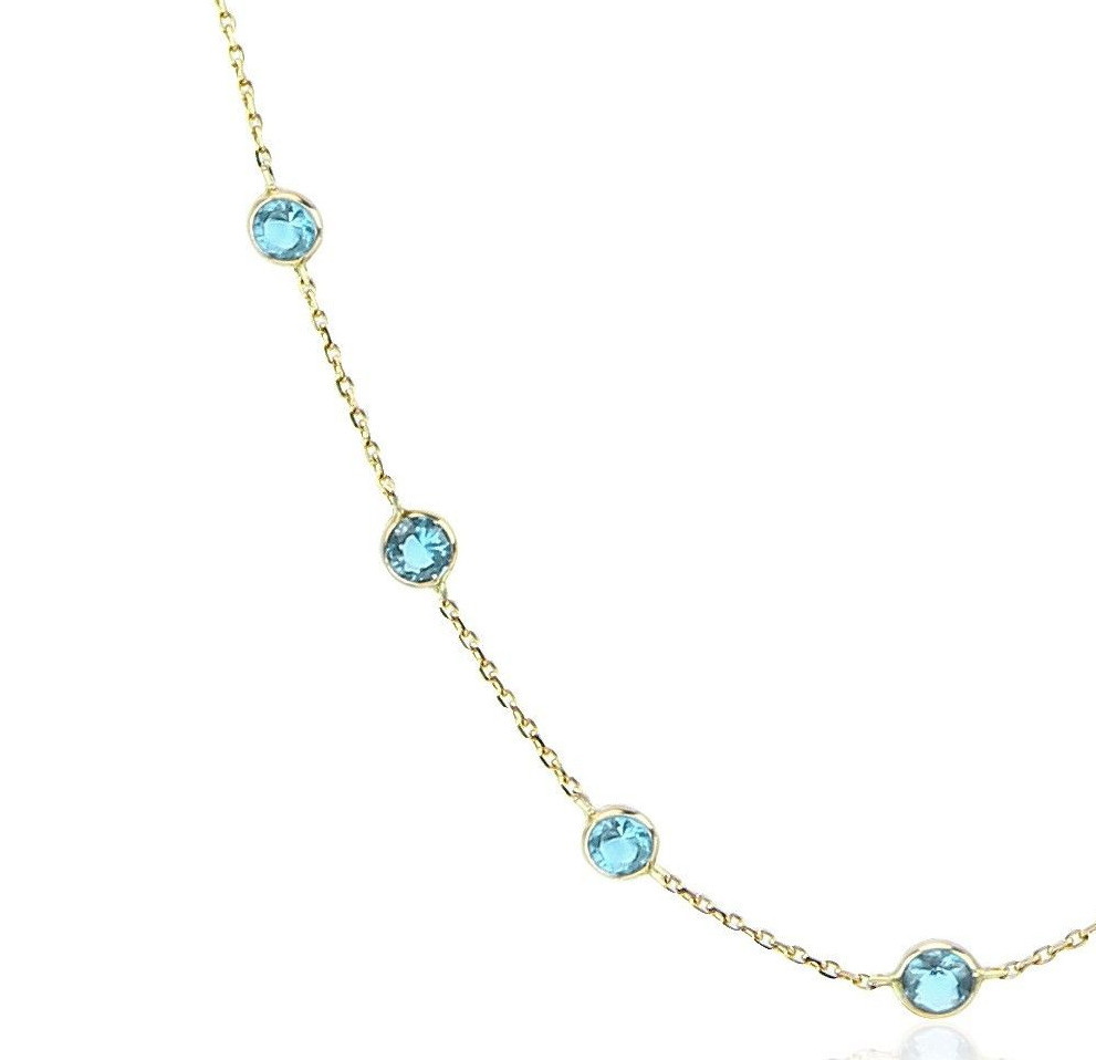 14K Yellow Gold Necklace With Aquamarine Blue Cubic Zirconia 24 Inches