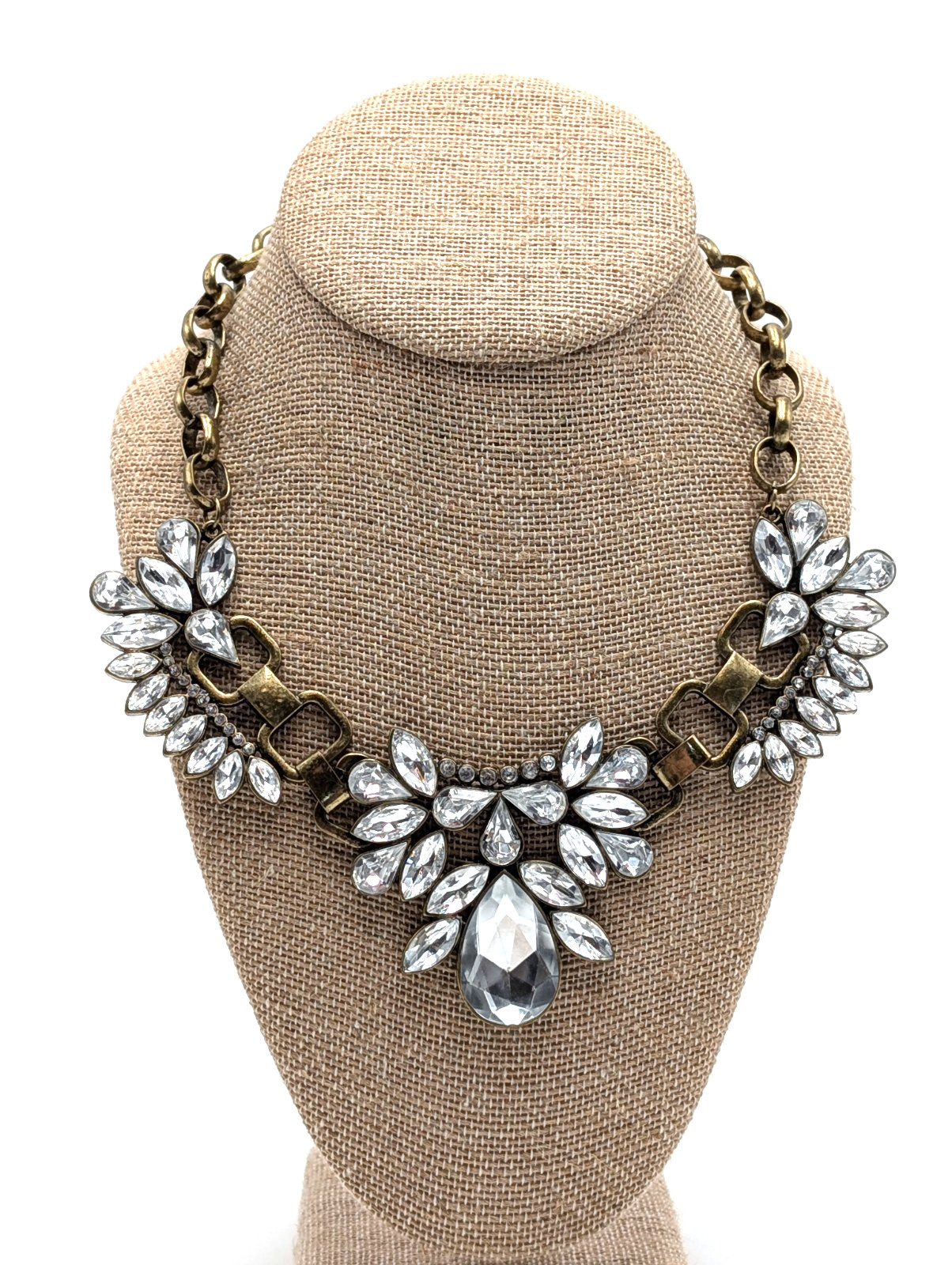 Antique Bronze Tone With Big Colorless Rhinestone Statement Necklace
