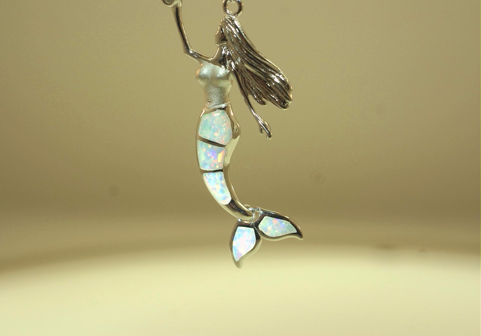 28MM RHODIUM 925 SILVER INLAID WHITE OPAL WIGGLING HAWAIIAN MERMAID CZ PENDANT
