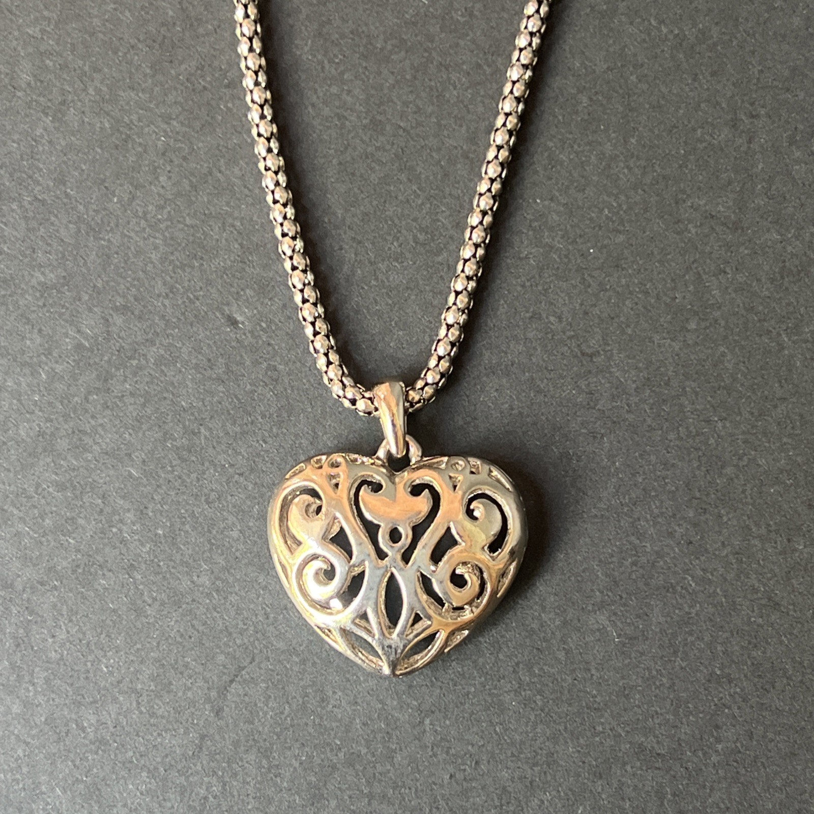 Cookie Lee Silver Tone Puffed Open Scroll Heart Pendant Necklace 20” Adjustable