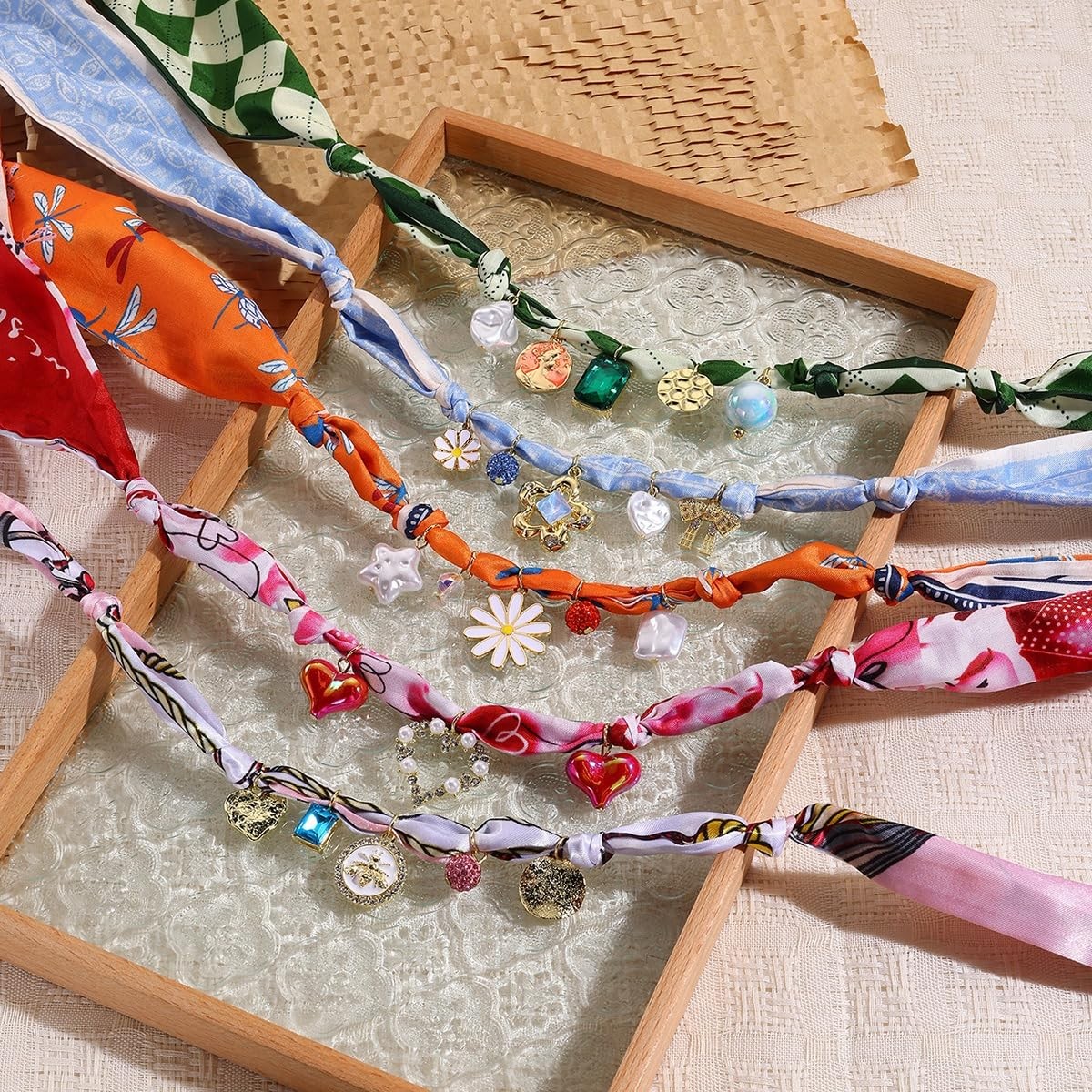 Scarf Bandana Necklace with Charm Colorful Silk Flower Crystal Medium, Green
