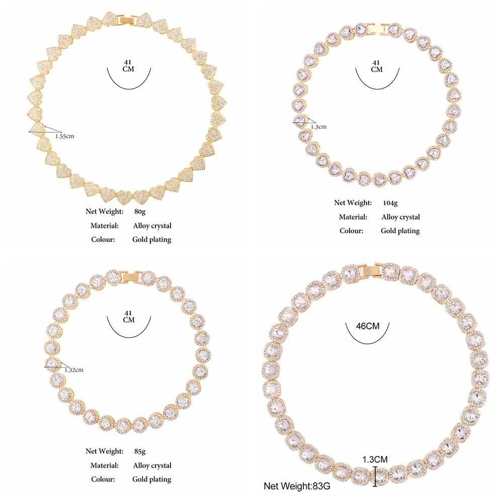 Diamond Paved Crystal Heart Cuban Link Chain Necklace for Women Hip Hop Iced Ou