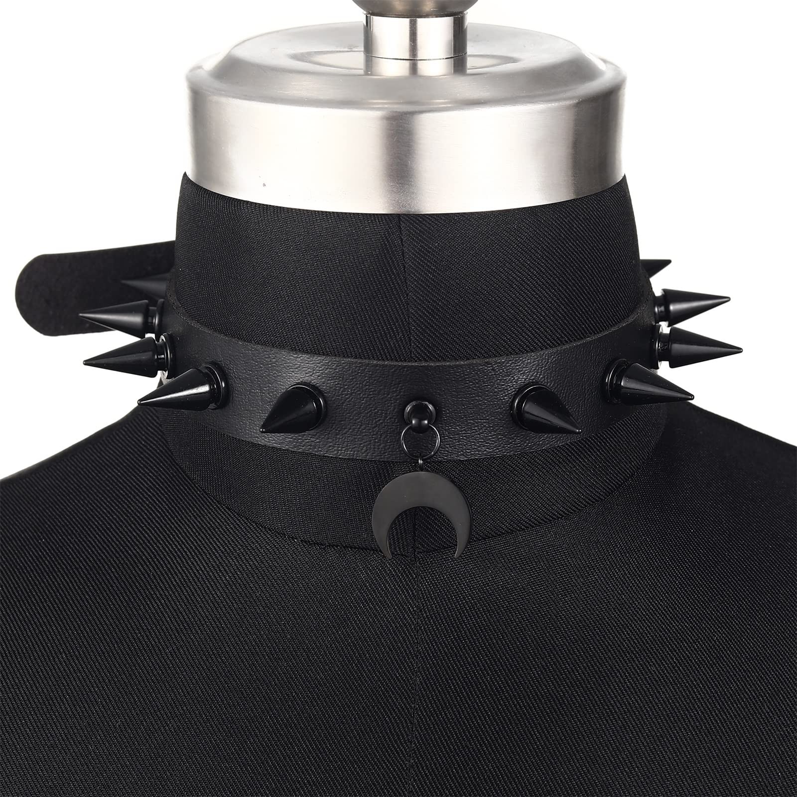 Gothic Spiked Choker Necklace Moon Pendant Faux Leather Collar Black Accessories