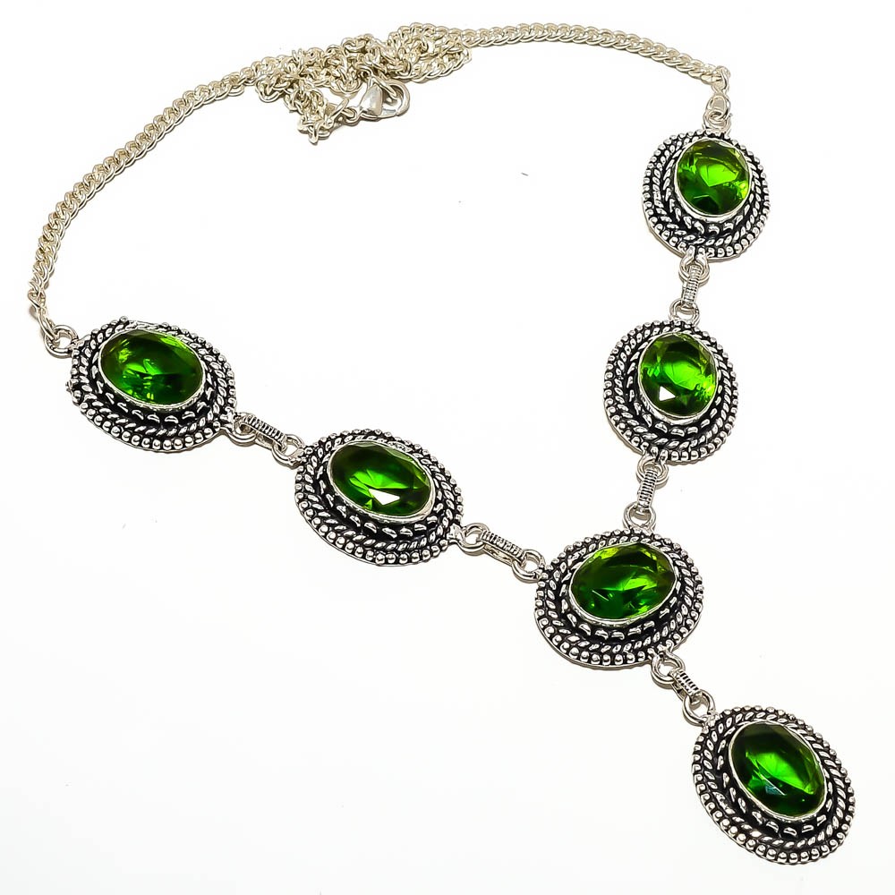 Emerald Quartz (Simulated) 925 Silver Plated Tennis Necklace 17.99″ TN7791-98