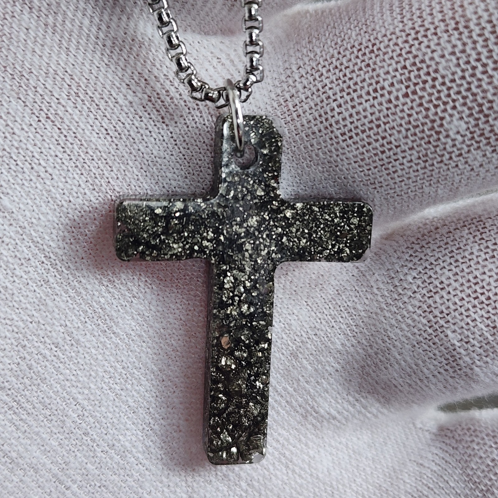 Handmade Pyrite Cross Pendant Necklace Resin Cross 50cm Stainless Steel Chain