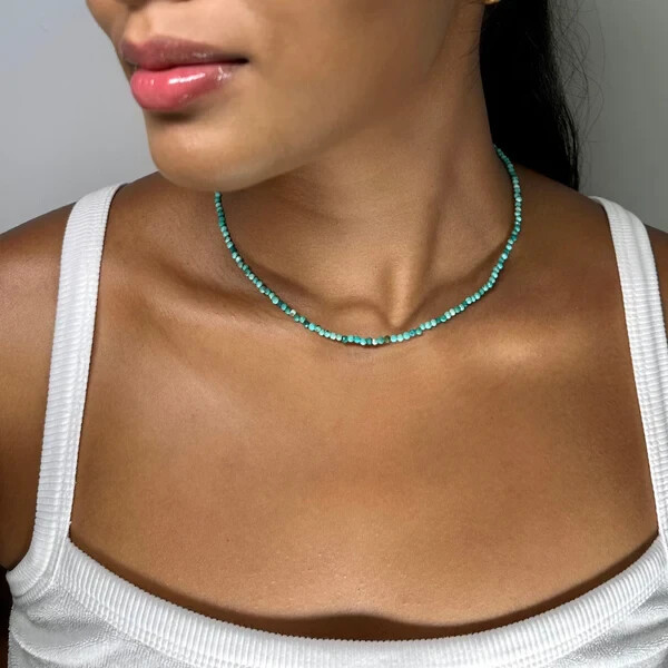20 in A++ Protection Turquoise Necklace 2mm Bead Choker Lucky Gemstone Guardian