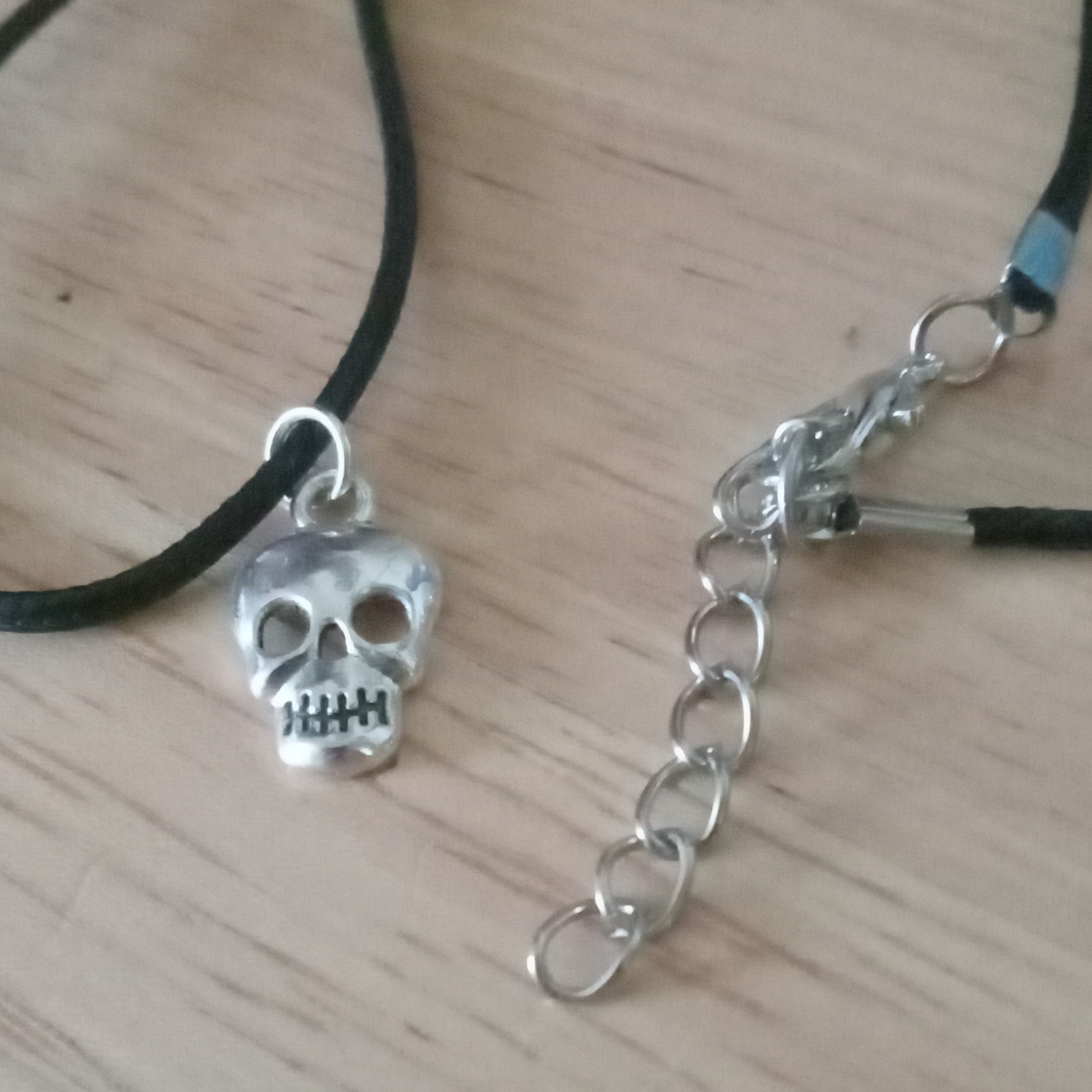 Black Cord Necklace Silver Tone Skull Charm Pendant Adjustable Lobster Closure