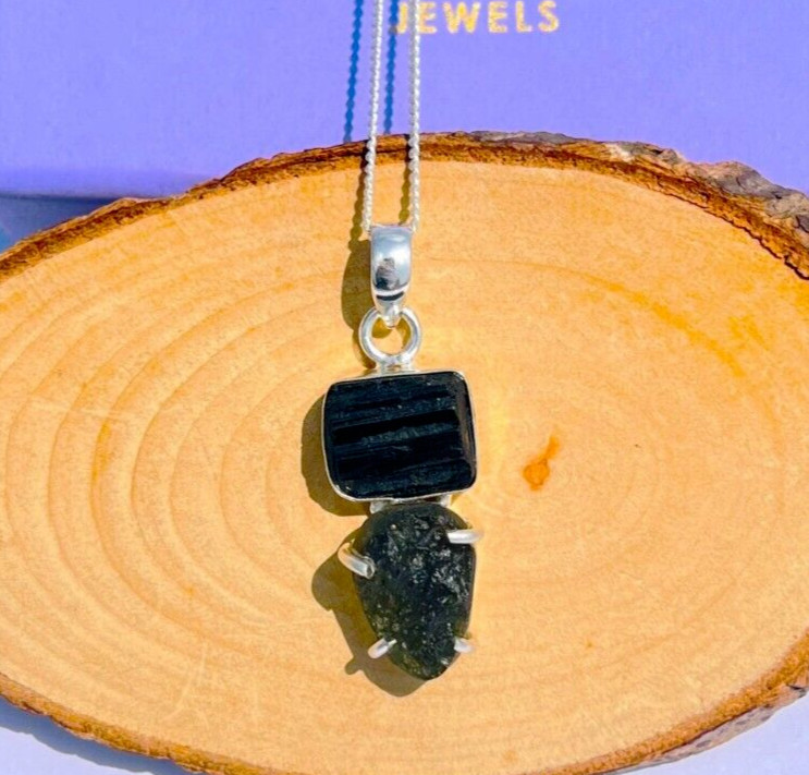 Moldavite with Tourmaline Pendant Handmade Jewelry 925 Silver Pendant for women