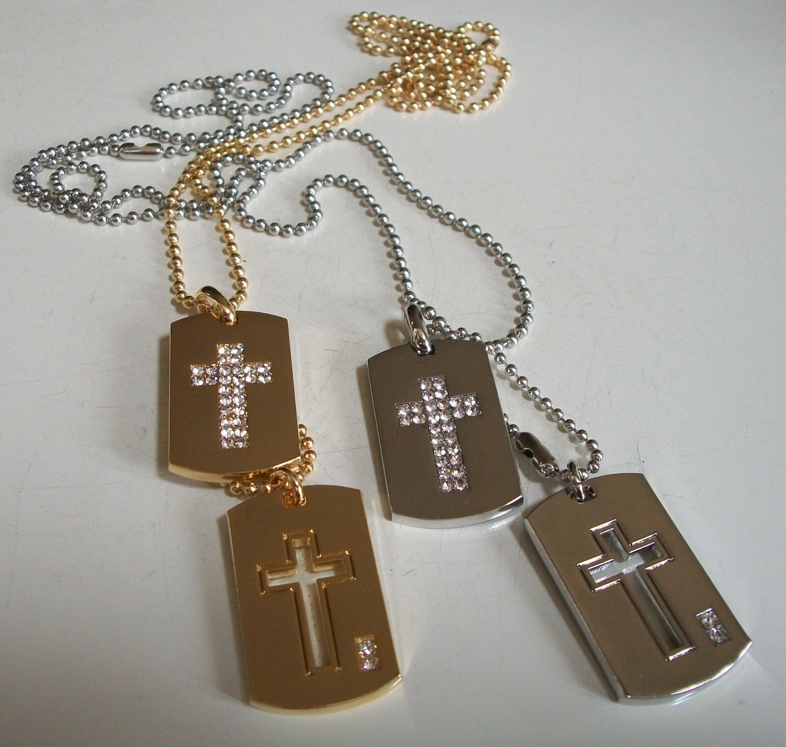 MEN’S FASHION CROSS SILVER & GOLD PLATED DRESSY HIP HOP DOUBLE DOG TAG & CHAIN