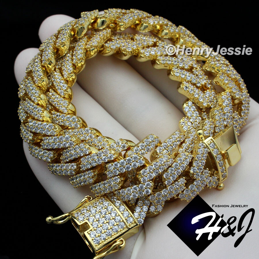 16″-30″MEN 14K GOLD PLATED ICY BLING CZ 14MM GOLD MIAMI CUBAN CURB NECKLACE*B6