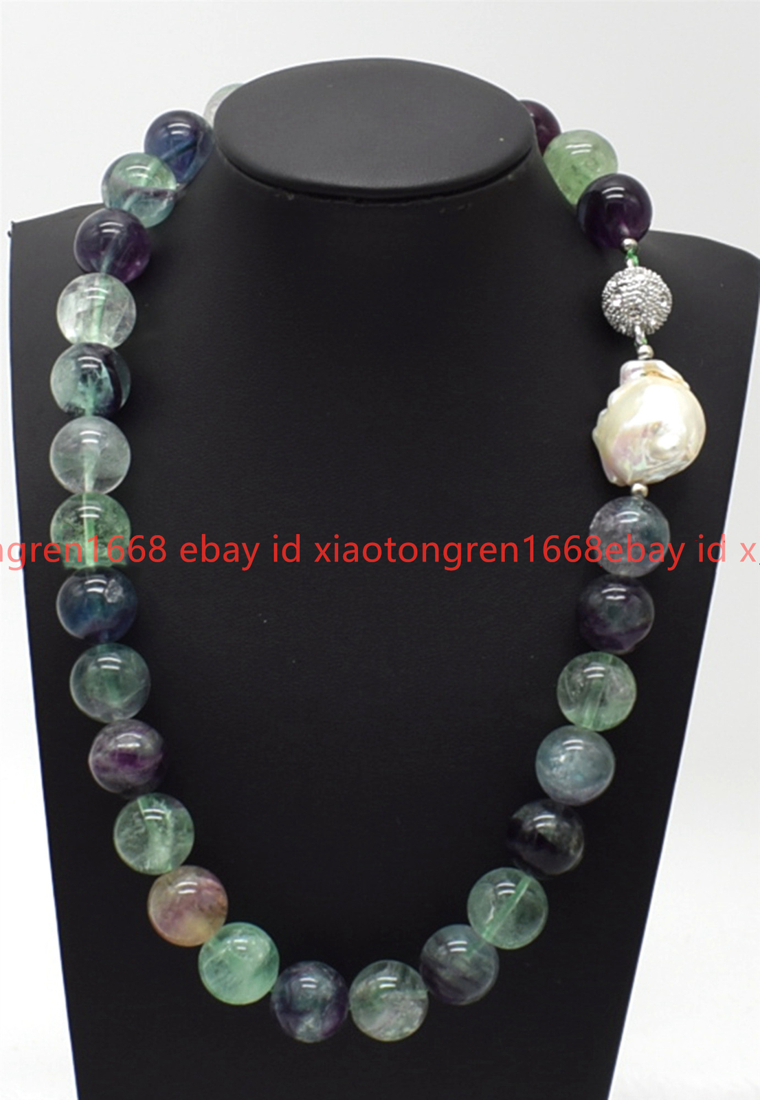 Huge Natural 12mm Multicolor Fluorite & White Baroque Pearl Necklace 16-24in
