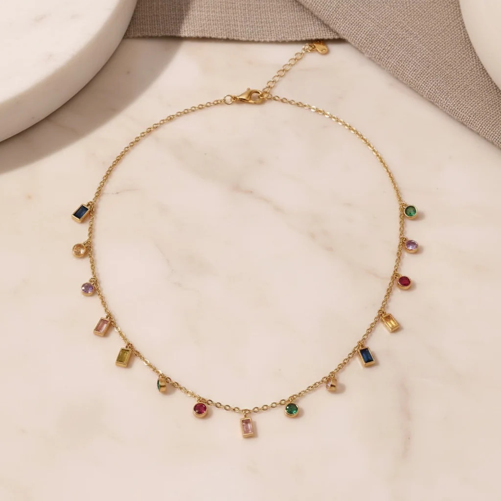 Rainbow Gemstone Choker Necklace | Multicolor CZ Baguette & Round Charm | Gold