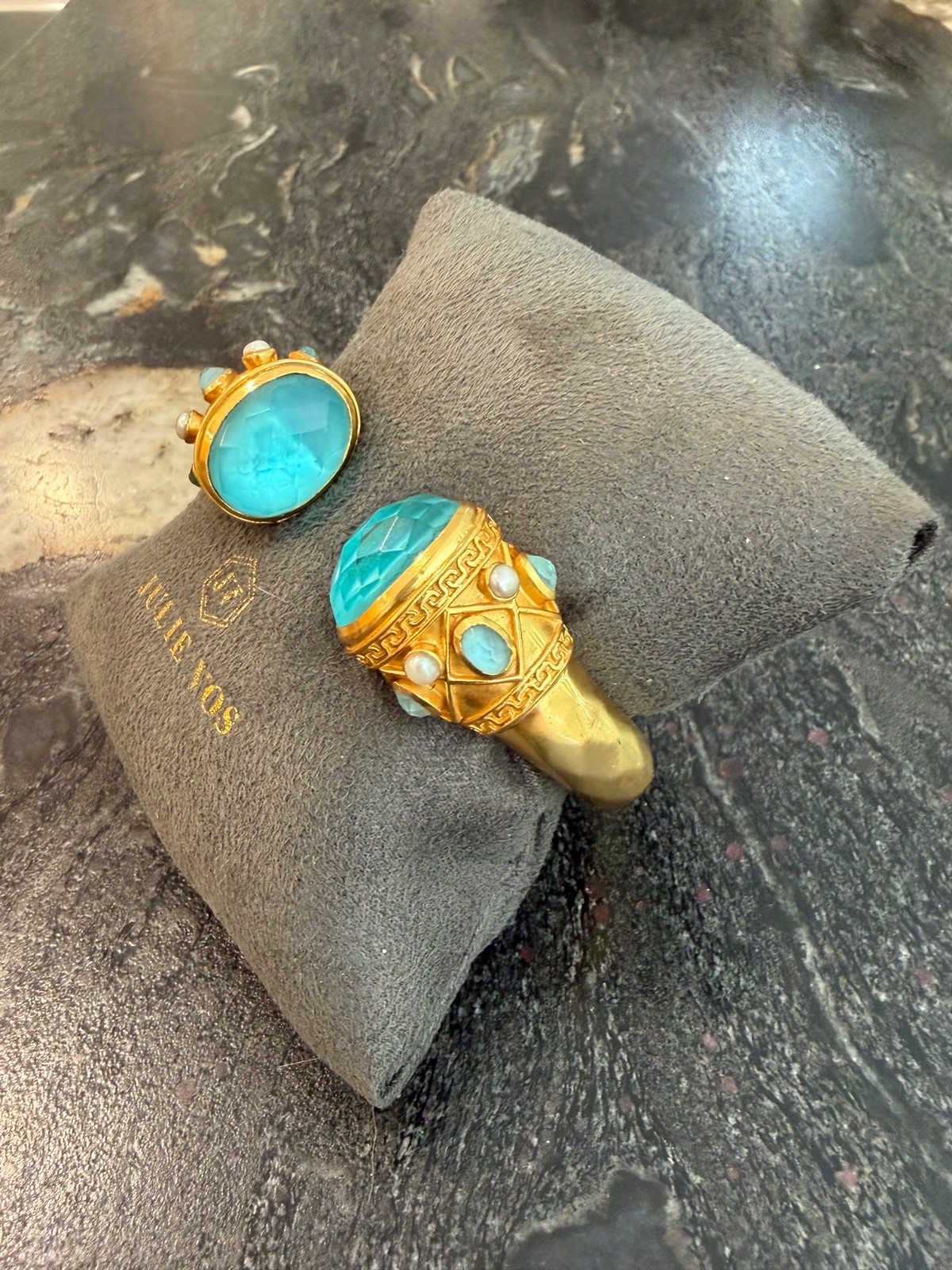Julie Vos Iridescent Blue Stones & Pearls Large Hinged Cuff Bracelet