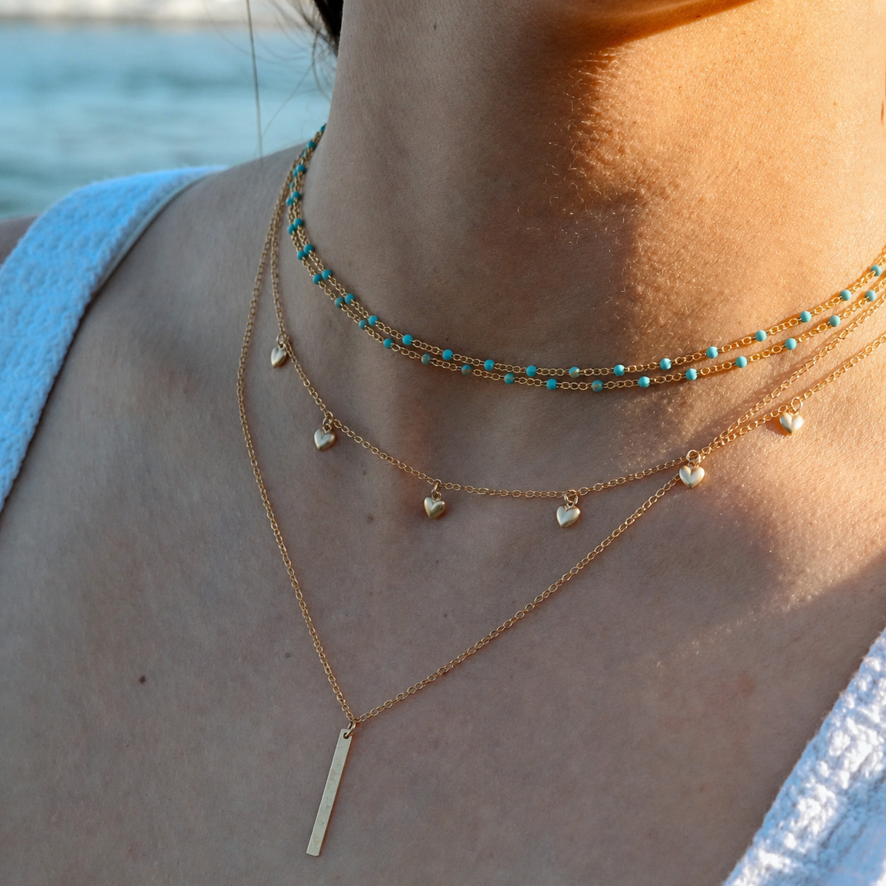 Turquoise Beaded Double Strand Necklace Gold Layered Choker 16–18″