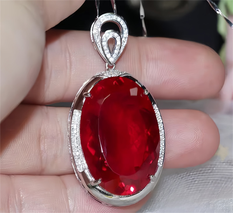 Top Big Oval Pigeon Blood Red Ruby Lab-Created Sterling Silver Pendant Necklace