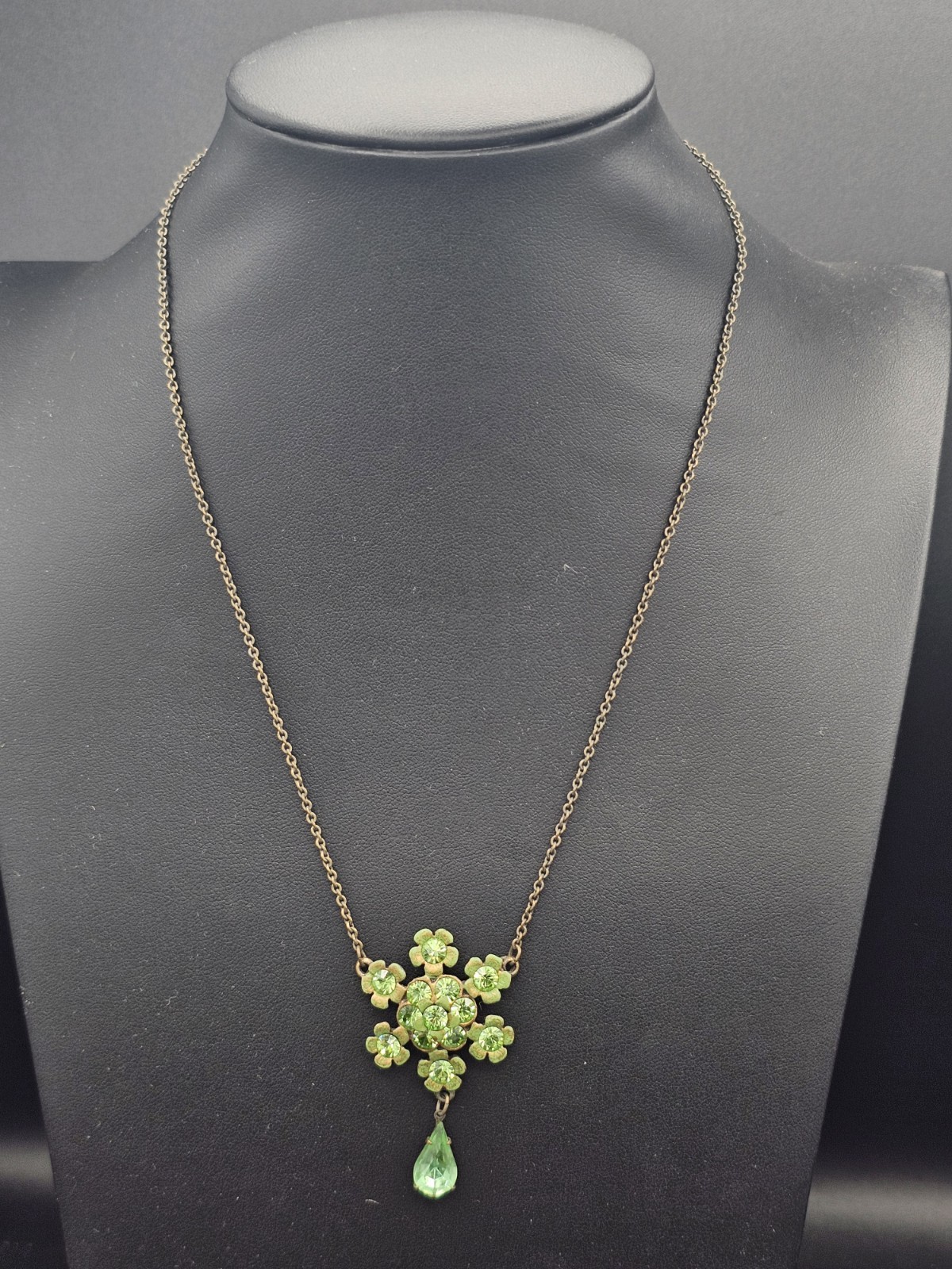 Signed Michal Negrin Peridot Green Swarovski Crystal Floral Necklace Bronze Tone