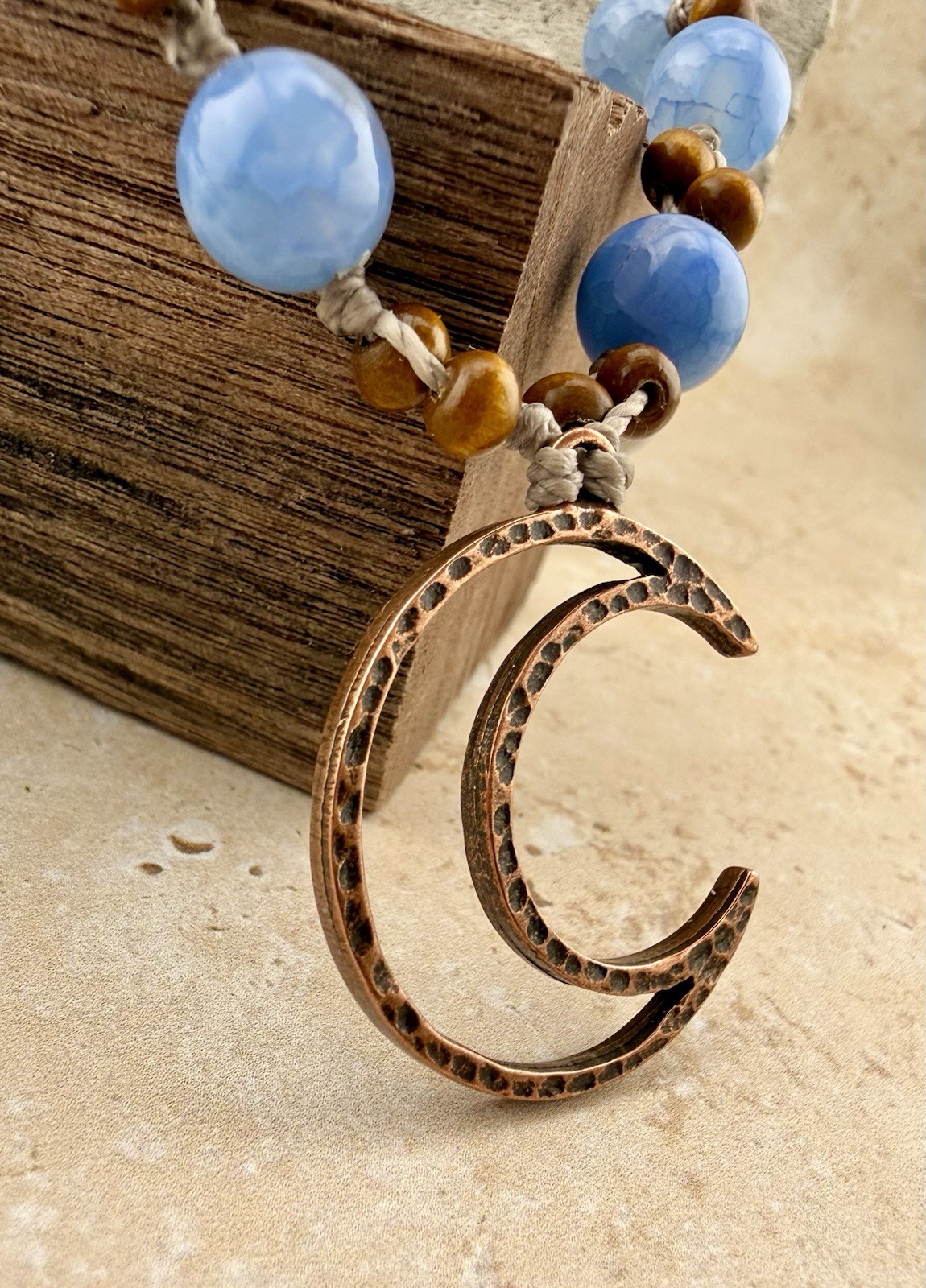 Copper Moon Pendant Necklace w/ Blue Banded Crackle Agate Crystal USA Artisan