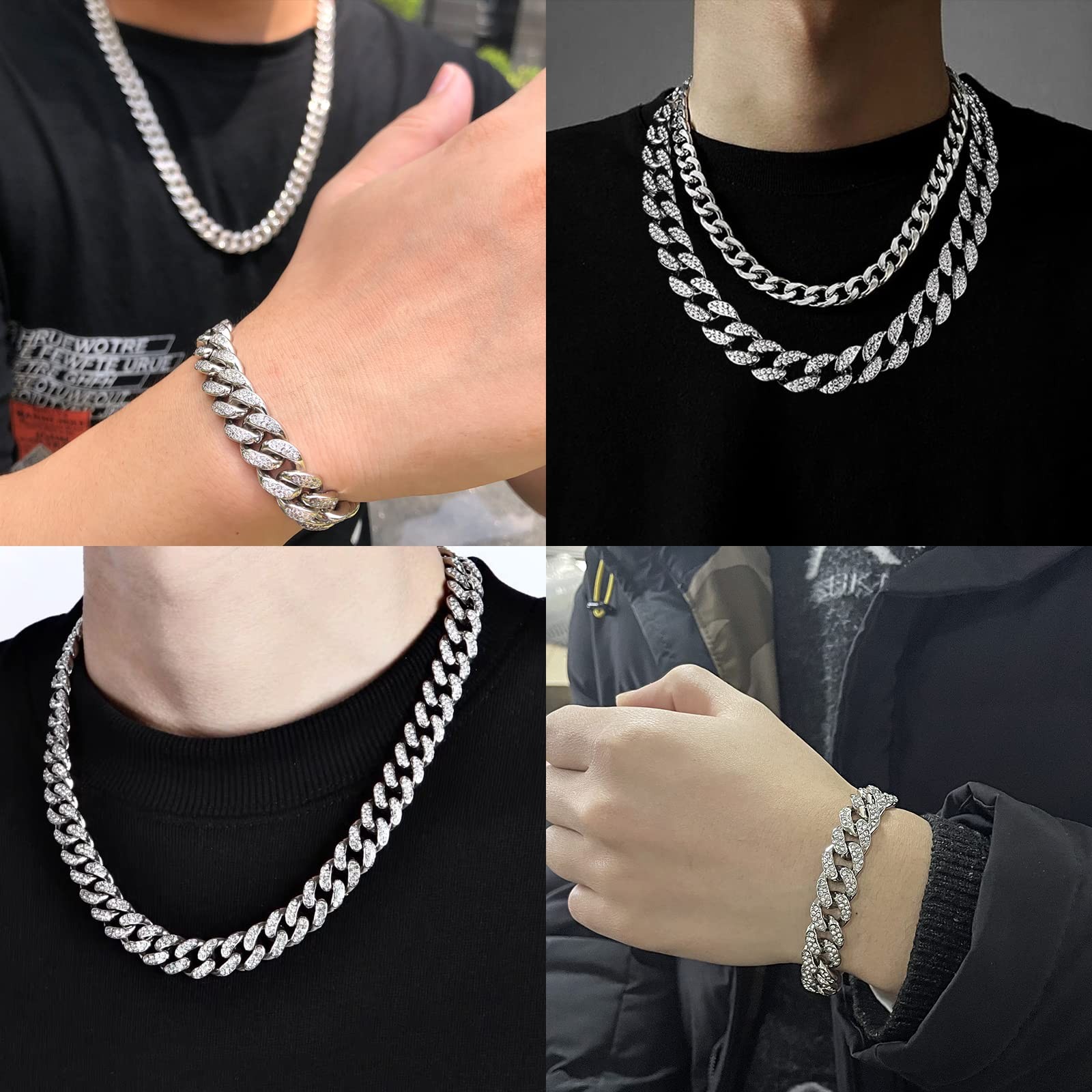 GIHENHAO 2pcs Cuban Link Chain for Men,Silver Necklace and Bracelet,Miami Cub…