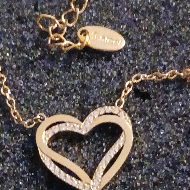 Gold Over S.Steel Heart Charm Necklace Crystal Pavé Cable Chain 1.5″ Adjustable