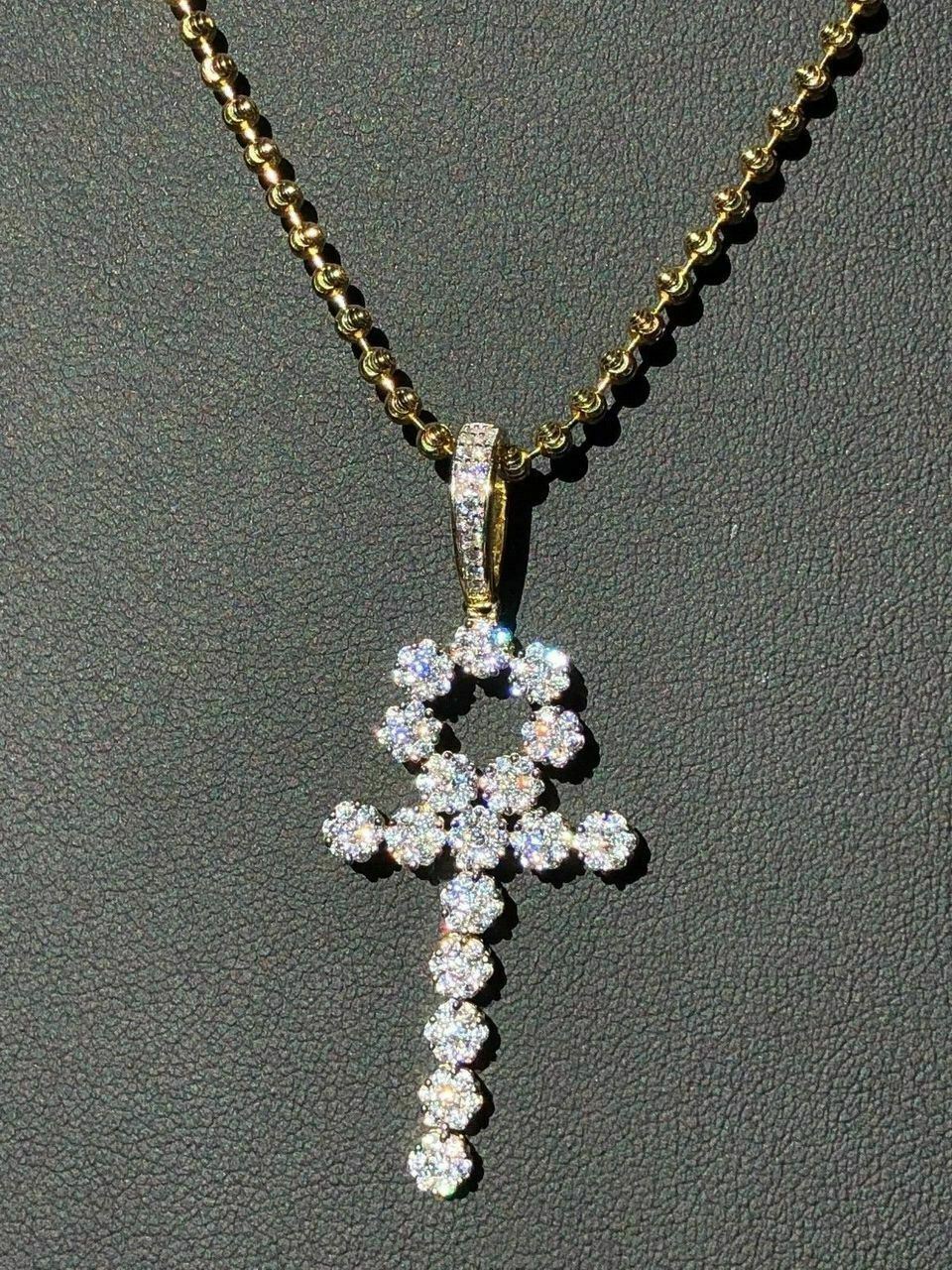 Simulated Diamonds Ankh Cross Tennis Pendant Real Solid 925 Sterling Silver Iced