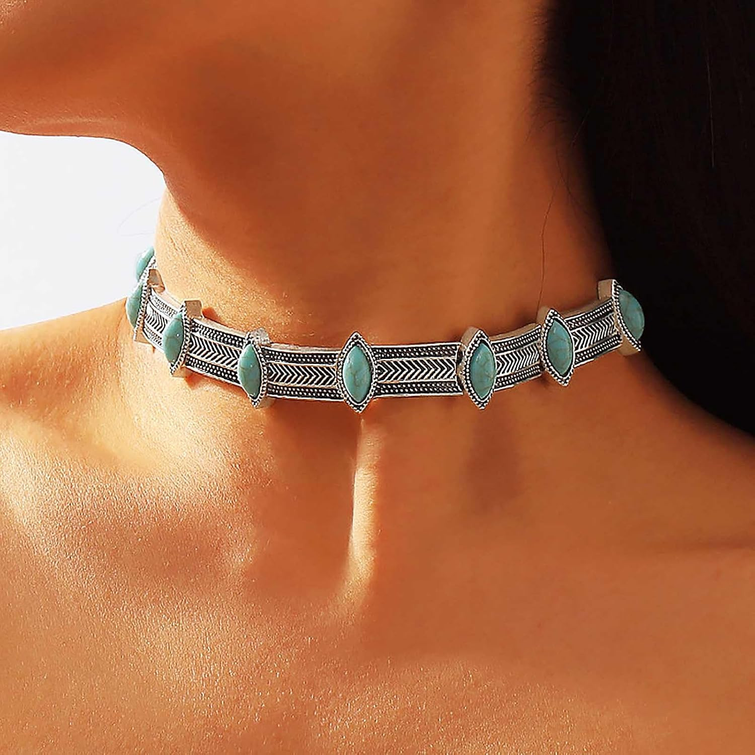 Turquoise Choker Necklace Women Boho Western Silver Tibetan Tribal Statement