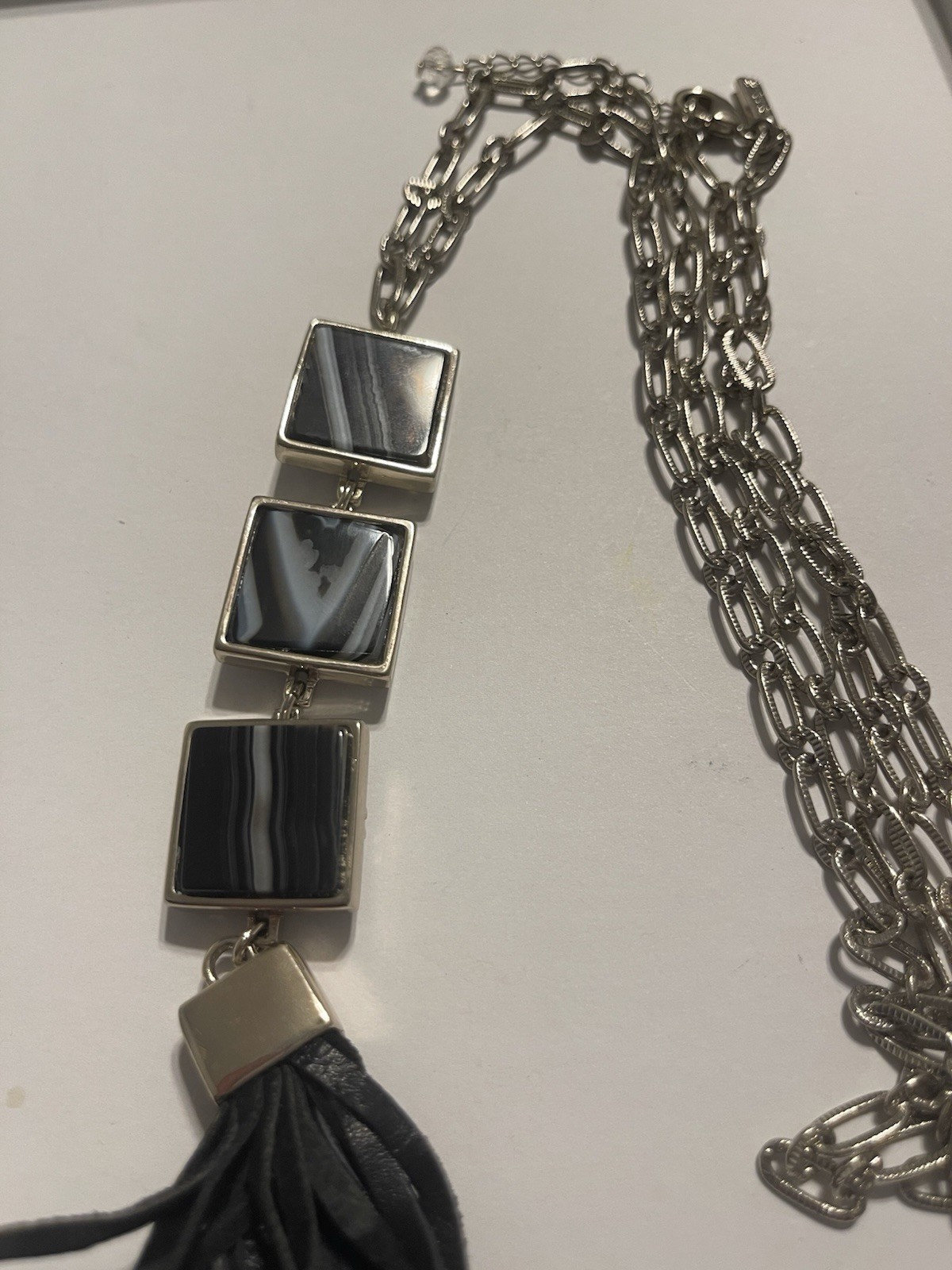 Silver Tone Cable Chain Necklace Agate Square Pendant w/ Tassel Adjustable