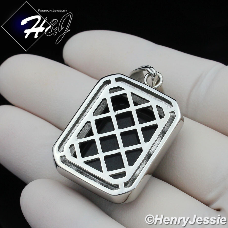 MEN’s Stainless Steel BLING Cubic Zirconia Silver Black Onyx Charm Pendant*SP103