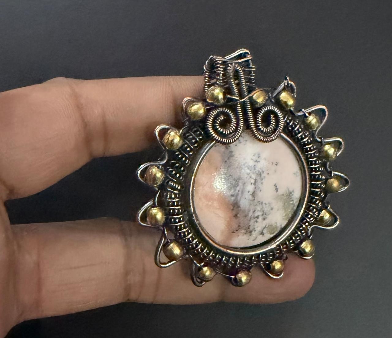 Dendrite Opal Gemstone Copper Wire Wrapped Handmade Pendant Jewelry Gift For Her