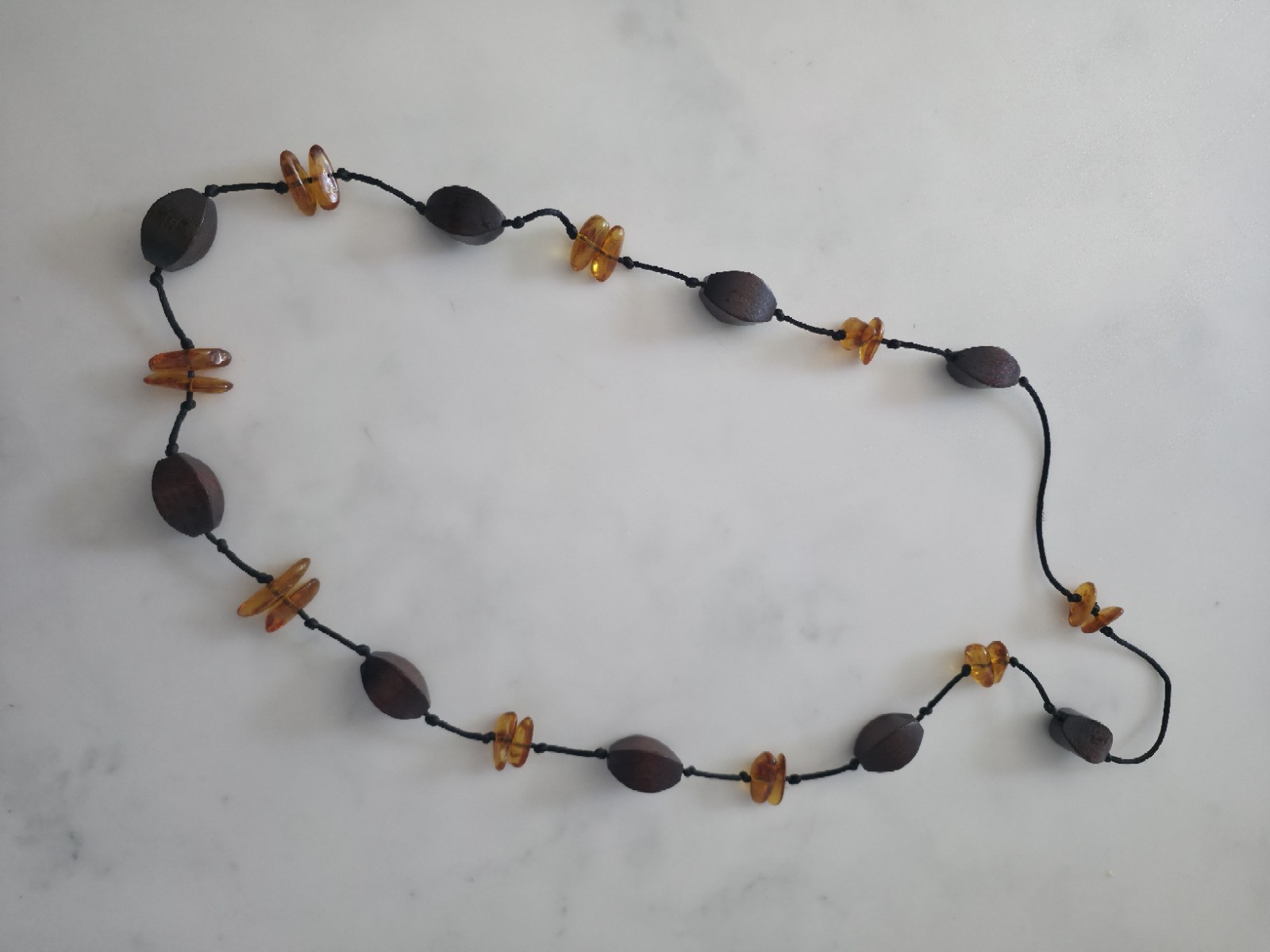 Stunning Wooden And 100% Baltic Amber Beaded Style Long Necklace.