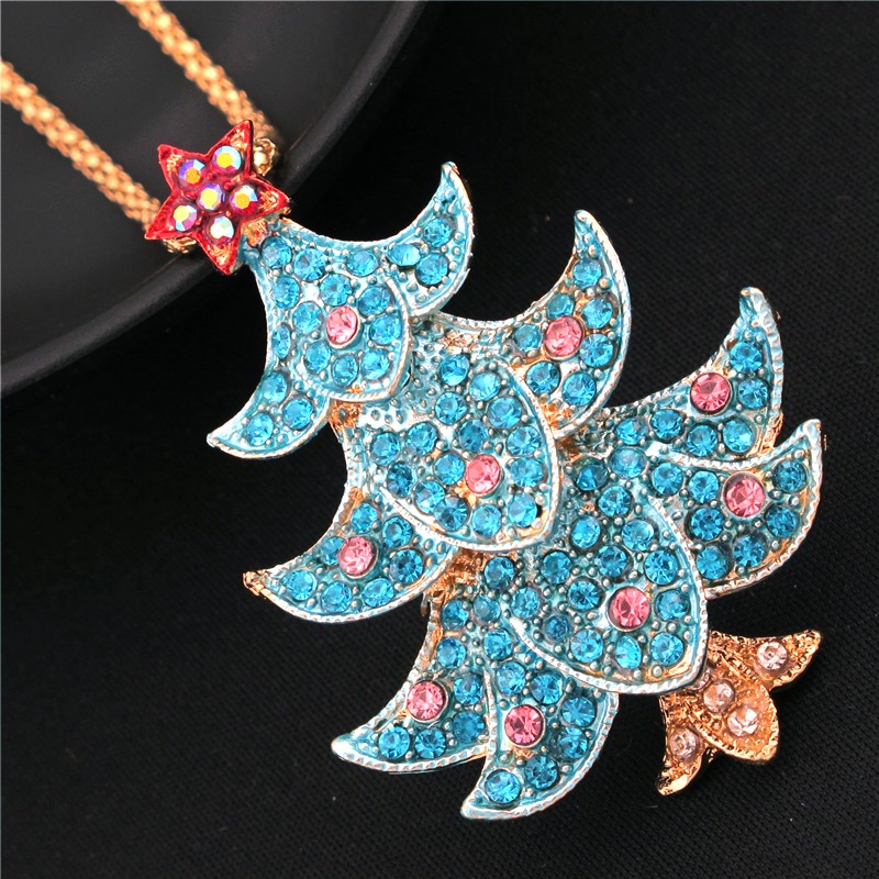 Fashion Lady Blue Star Bling Christmas Tree Crystal Pendant Women Necklace