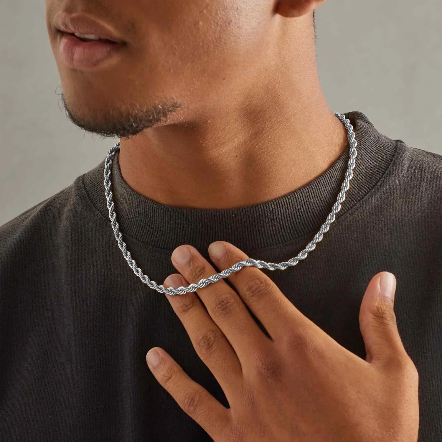 Silver Tone Chain for Men, 3mm Stainless Steel Rope Chains Silver Chain Neckl…