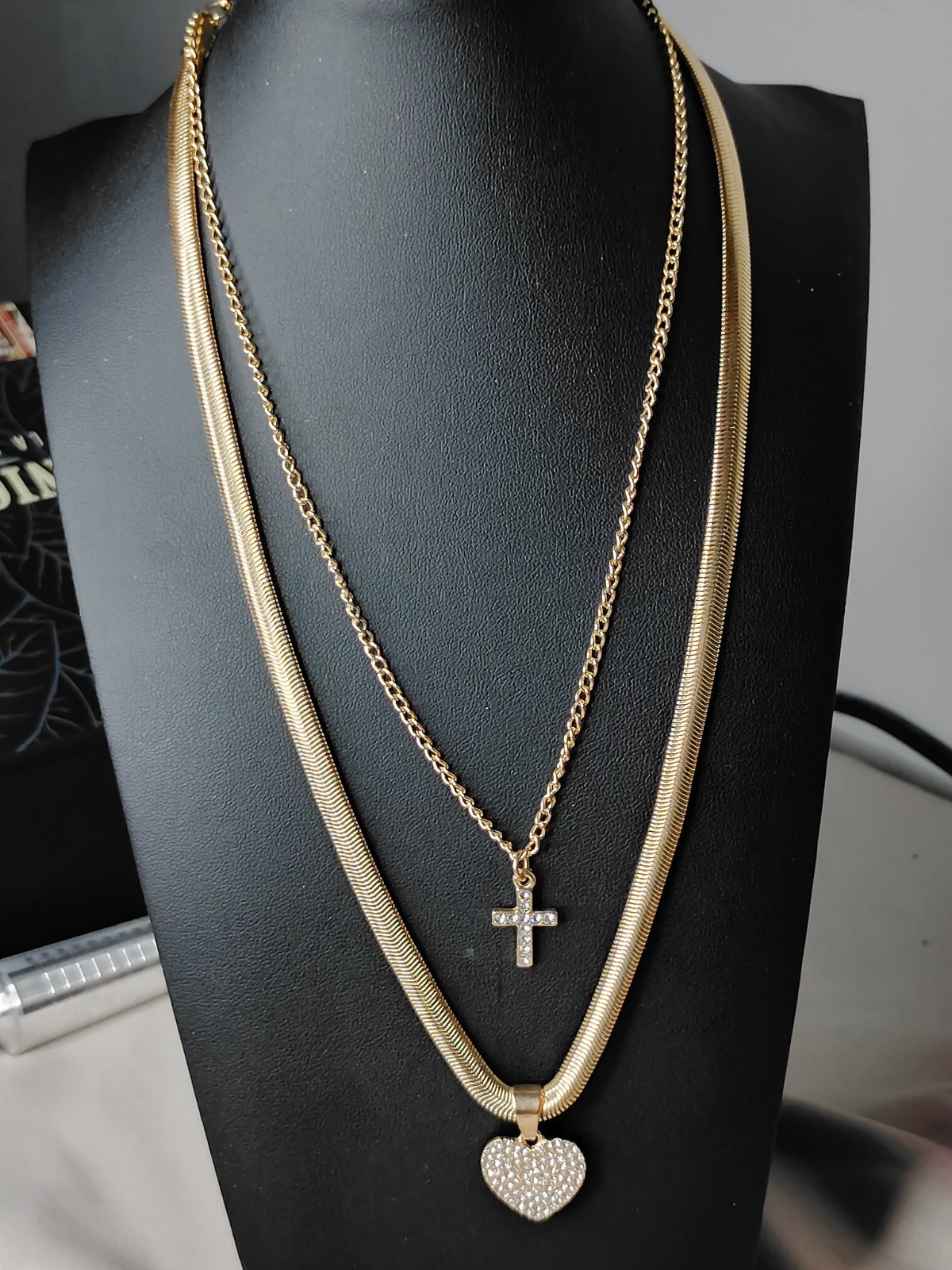Gold Tone Layered Necklace Set Herringbone Chain Pavé Heart & Cross Pendants